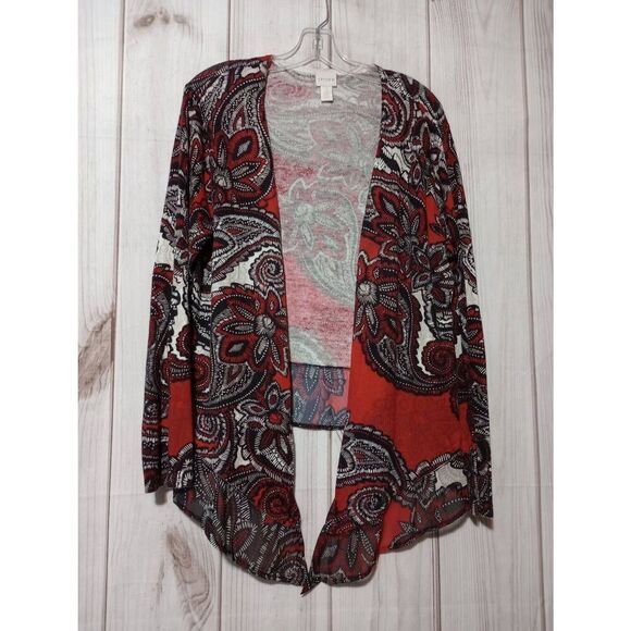 Chico's‎ Sweater Ladies Large Chico's 2 Red Paisley Kimono Cardigan - Picture 1 of 7